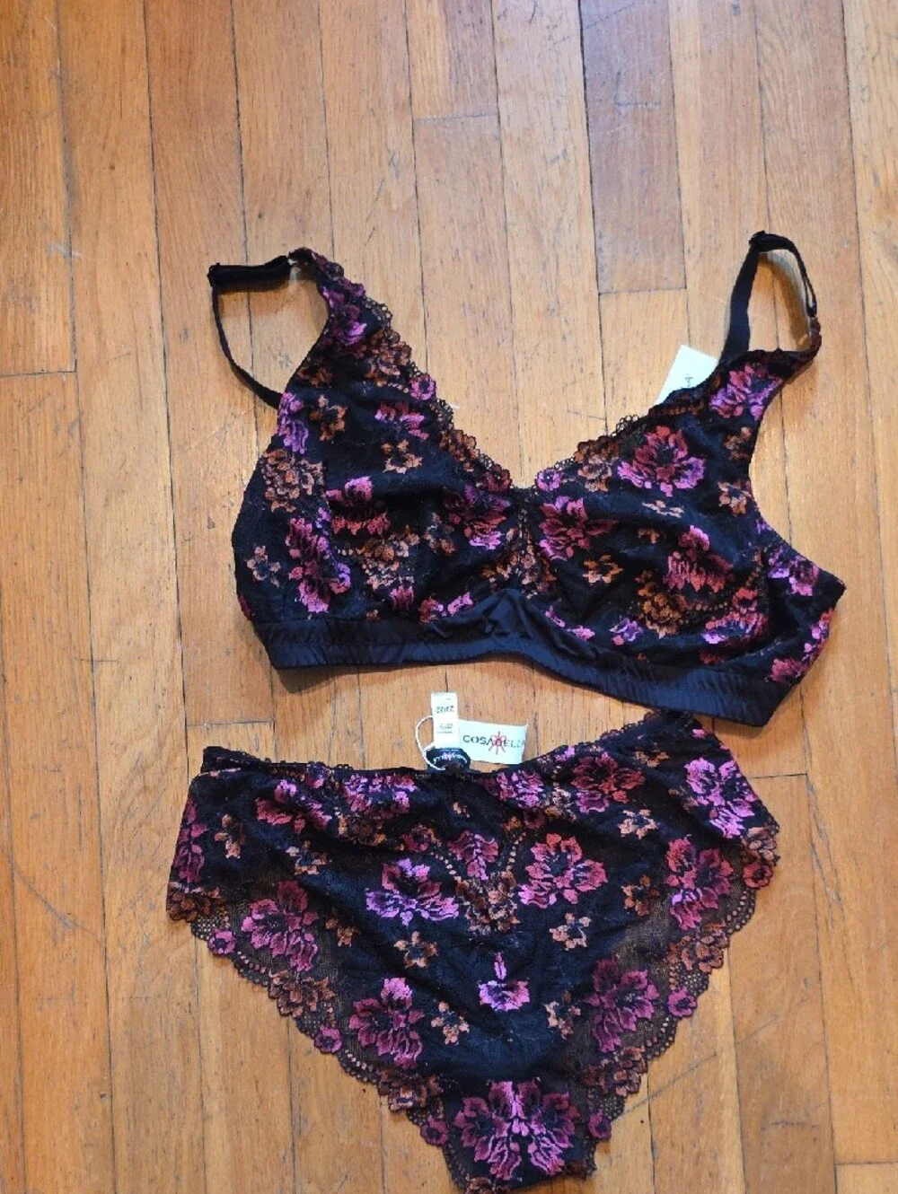 Cosabella Black Lace Bralette & Brief Set with Pink Floral Embroidery